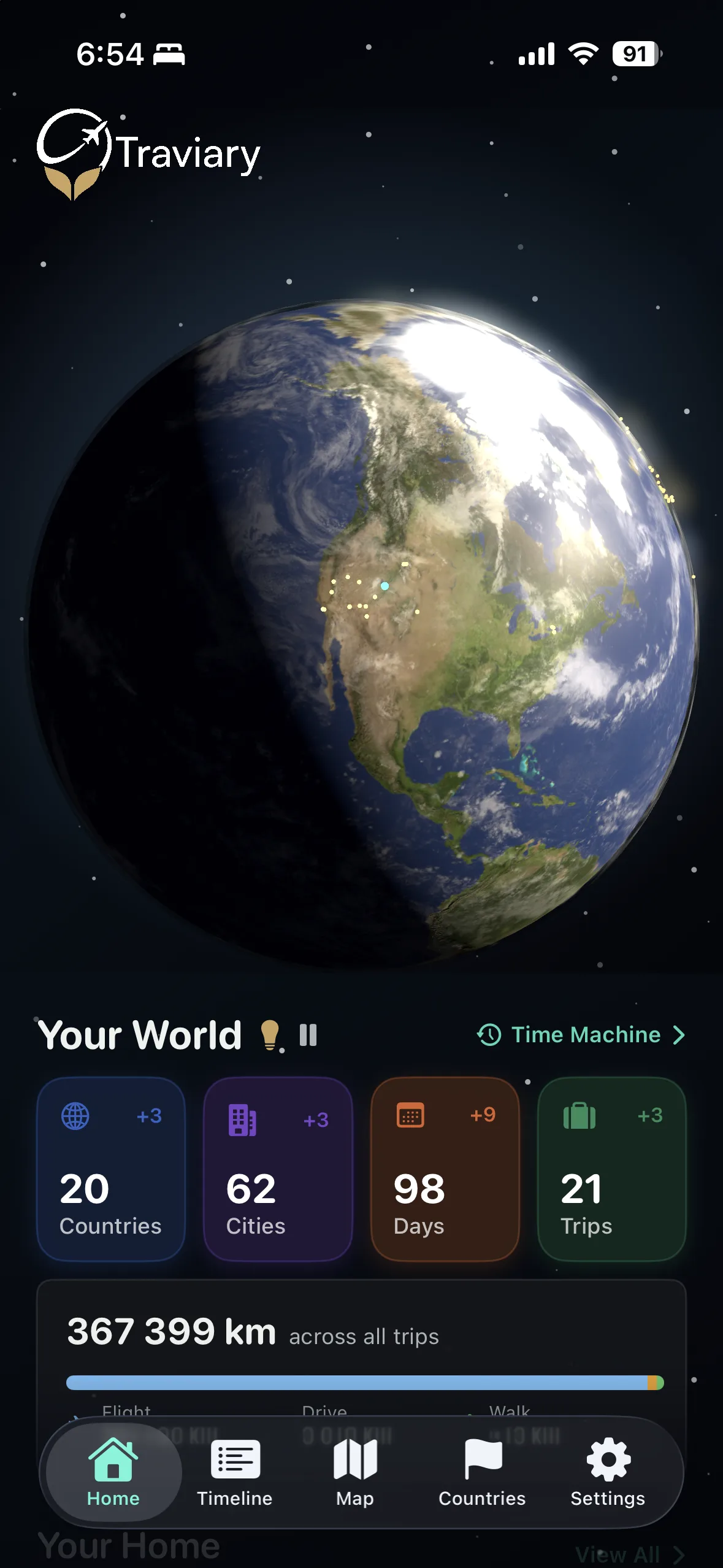 Traviary home screen — Your World, 38 countries, 640 cities, 1068 days travelled, 361 trips, 417,185 km across all trips